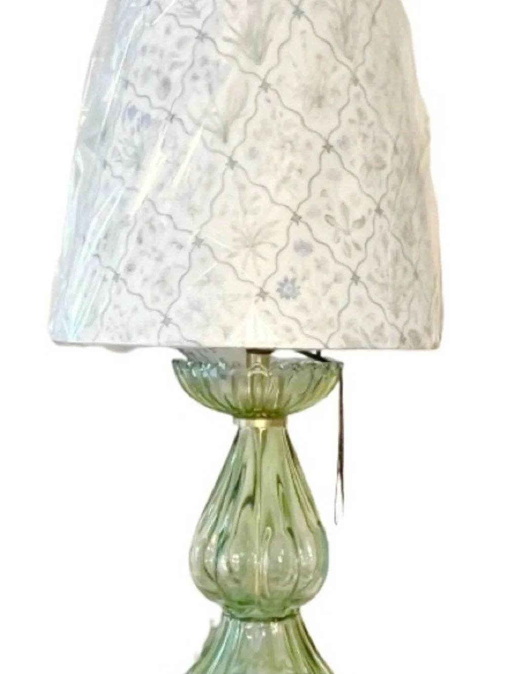 🆕-Soft Green Fluted Glass Table Lamp with Patterned White Shade